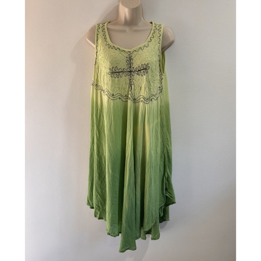 Vintage Y2K 90s Tank Shirt Dress OS Green Ombre Dip Dye Embroidered Fairy Boho